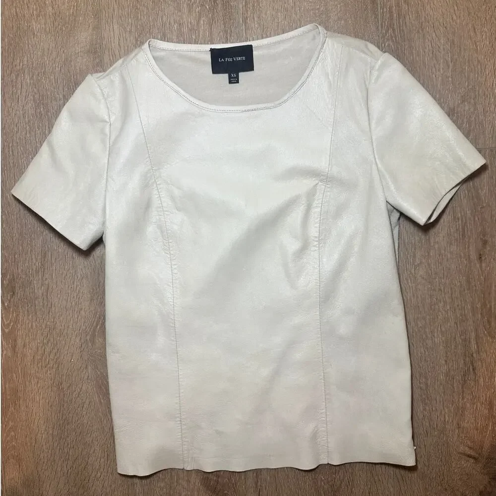 La Fee Verte Anthropologie Tan Leather Top XS Minimalist Workwear Western - Picture 2 of 8